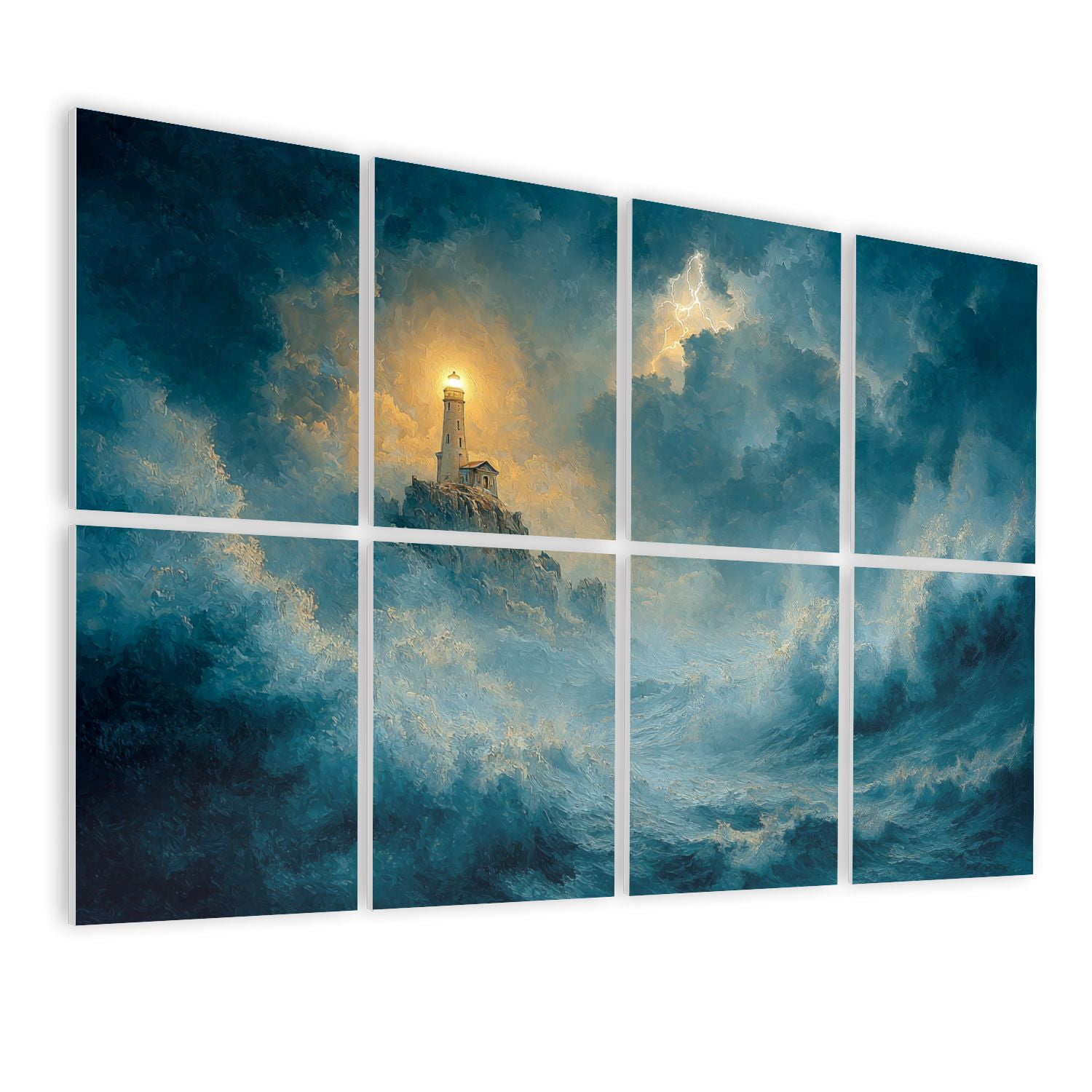 8 Pack Art Acoustic Panels Sound Absorbing Stormy Seascape Lighthouse Amidst Massive Waves Painterly Decorative Soundproof Wall Panels Self Adhesive for Nursery Game Room Bedroom 48"x32"