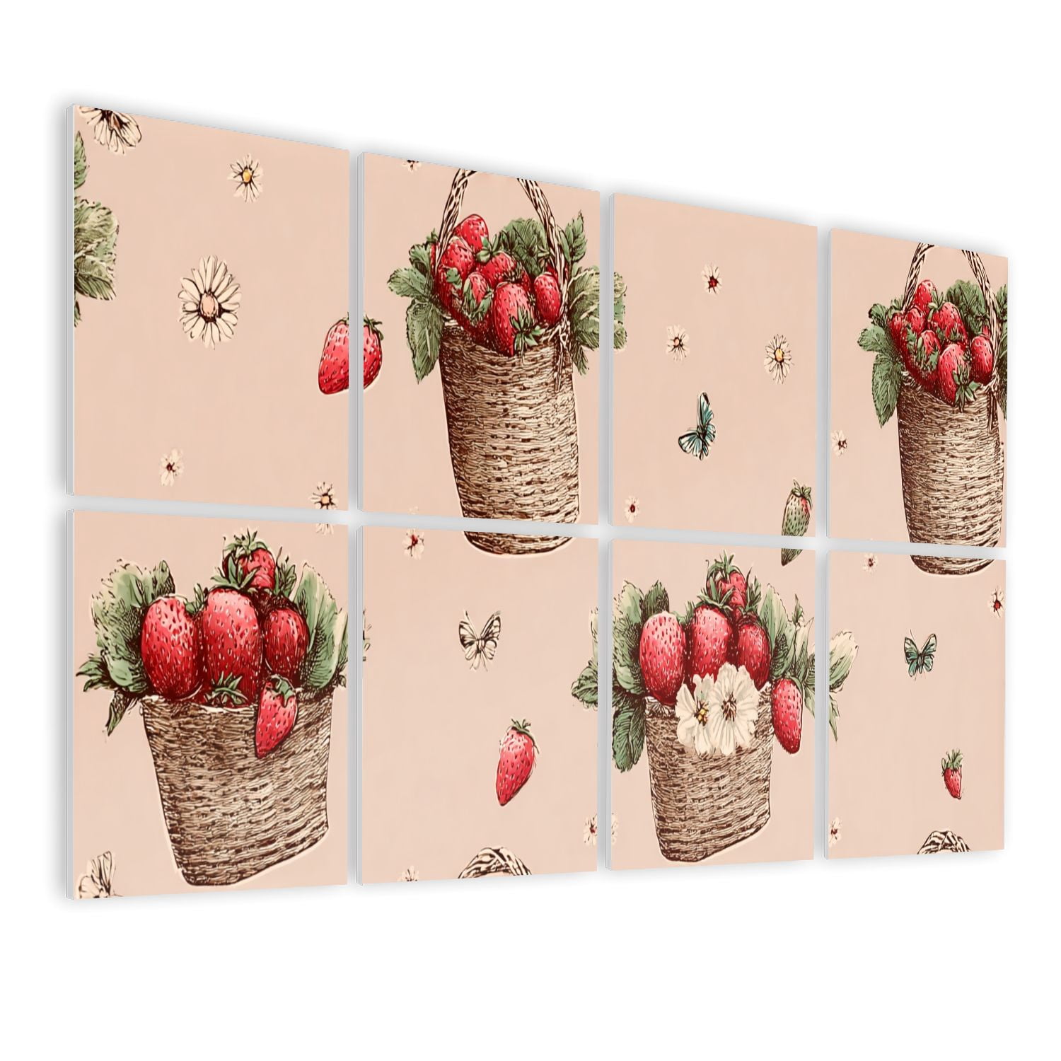 8 Pack Art Acoustic Panels Sound Absorbing Strawberry Baskets Flowers Butterflies Seamless Beige Decorative Soundproof Wall Panels Self Adhesive for Nursery Game Room Bedroom 48"x32"