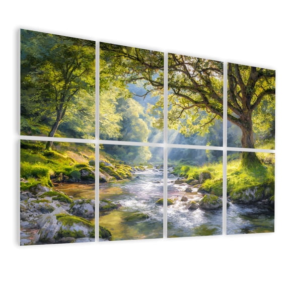 8 Pack Art Acoustic Panels Sound Absorbing Sunset Forest Landscape Green Tree Woodland Lake Scenery Large Oak Decorative Soundproof Wall Panels Self Adhesive for Nursery Game Room Bedroom 48"x32"