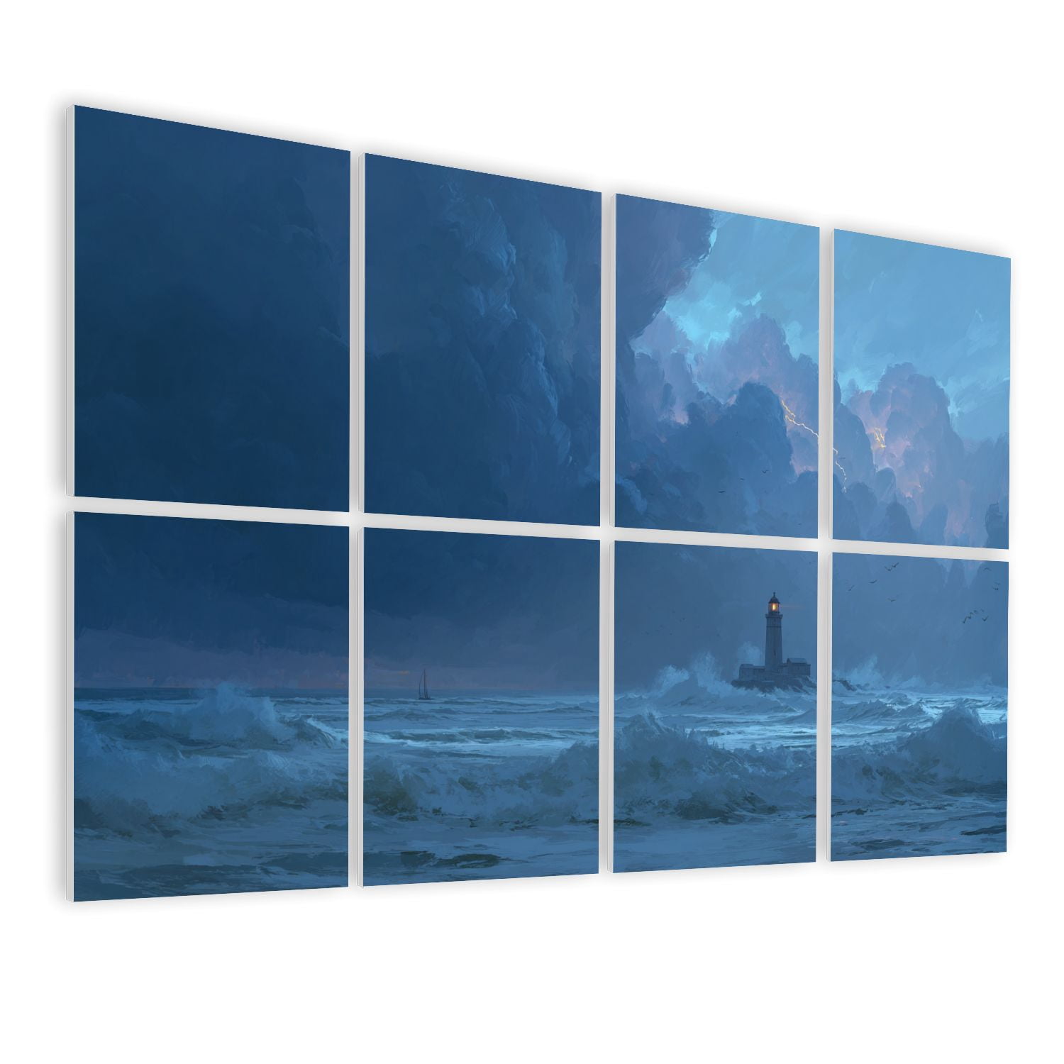 8 Pack Art Acoustic Panels Sound Absorbing Thunderous Ocean Waves Lighthouse Art Dramatic Sky Decorative Soundproof Wall Panels Self Adhesive for Nursery Game Room Bedroom 48"x32"
