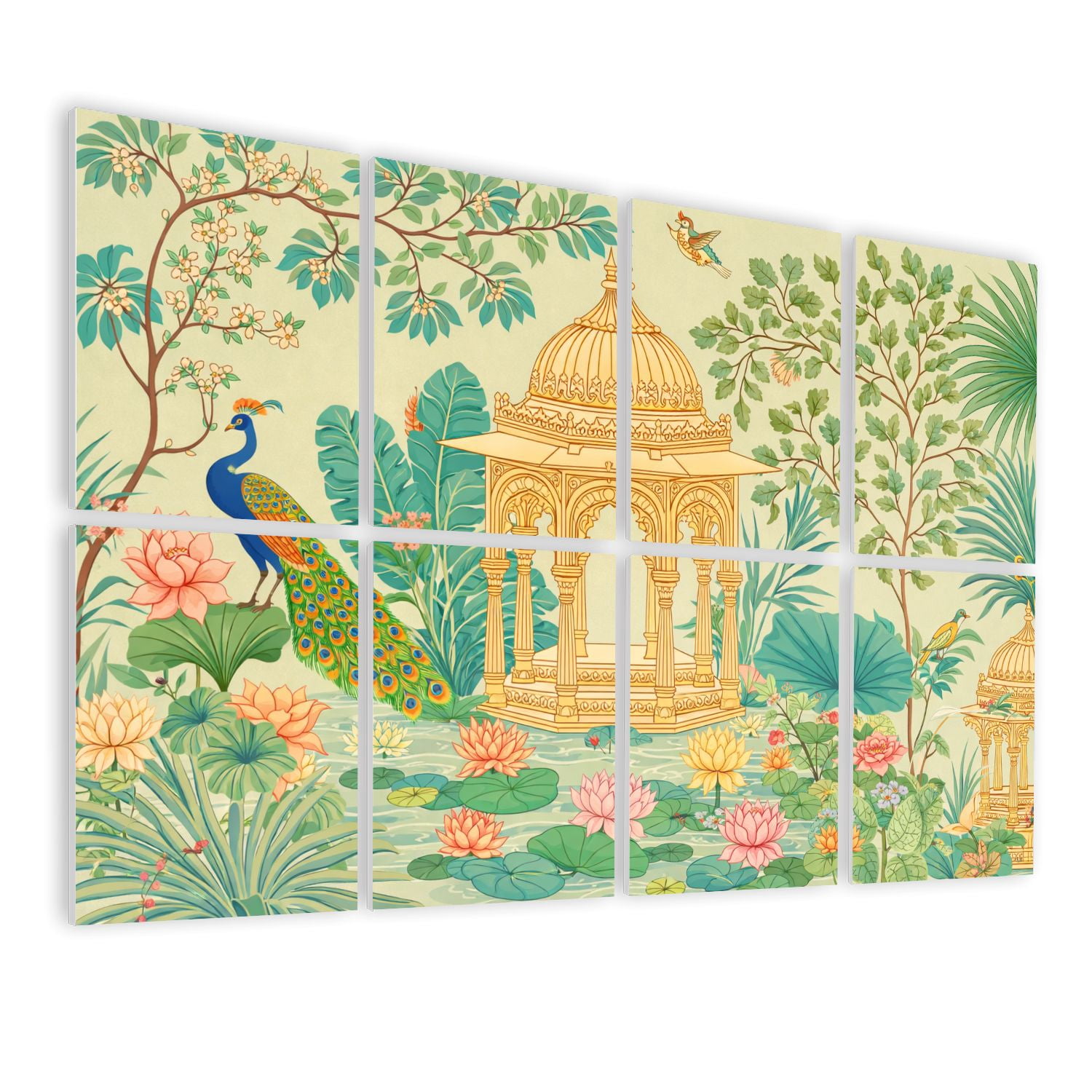 8 Pack Art Acoustic Panels Sound Absorbing Traditional Mughal garden peacock arch temple lotus bird Decorative Soundproof Wall Panels Self Adhesive for Nursery Game Room Bedroom 48"x32"