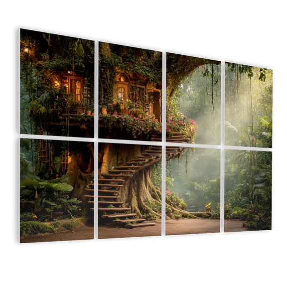 8 Pack Art Acoustic Panels Sound Absorbing Treehouse Ancient Magical Forest Giant Blooming Tree Wooden Stairs Decorative Soundproof Wall Panels Self Adhesive for Nursery Game Room Bedroom 48"x32"