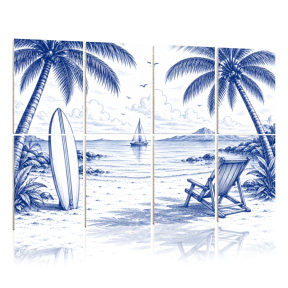 8 Pack Art Acoustic Panels Sound Absorbing Tropical Beach Palms Sailboat Surfer s Board Blue Ink Style Decorative Soundproof Wall Panels Self Adhesive for Nursery Game Room Bedroom 48"x32"