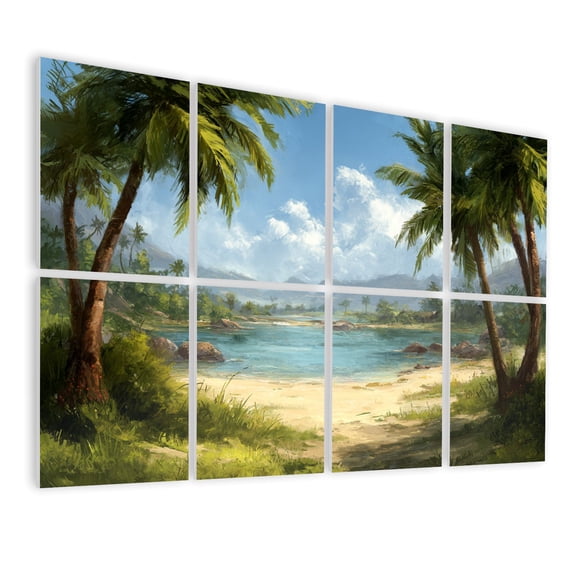 8 Pack Art Acoustic Panels Sound Absorbing Tropical Coast Artwork Palms Soft Sunlight Decorative Soundproof Wall Panels Self Adhesive for Nursery Game Room Bedroom 48"x32"
