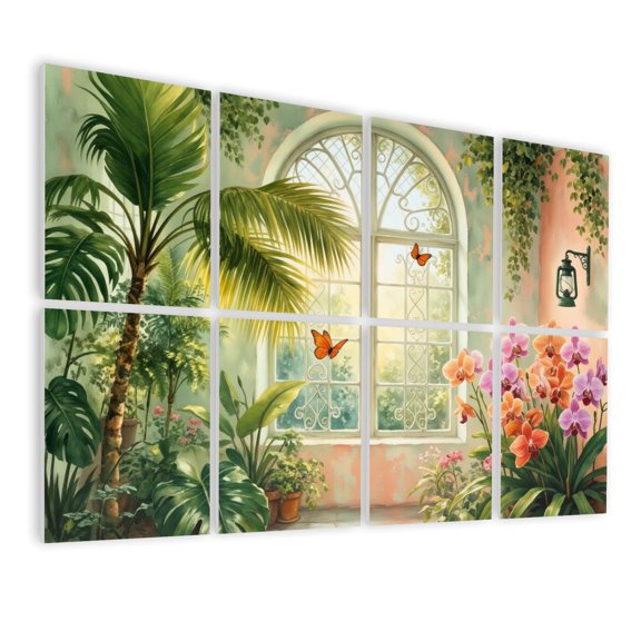 8 Pack Art Acoustic Panels Sound Absorbing Tropical Greenhouse Palm Trees Orchids Sunlight Decorative Soundproof Wall Panels Self Adhesive for Nursery Game Room Bedroom 48"x32"