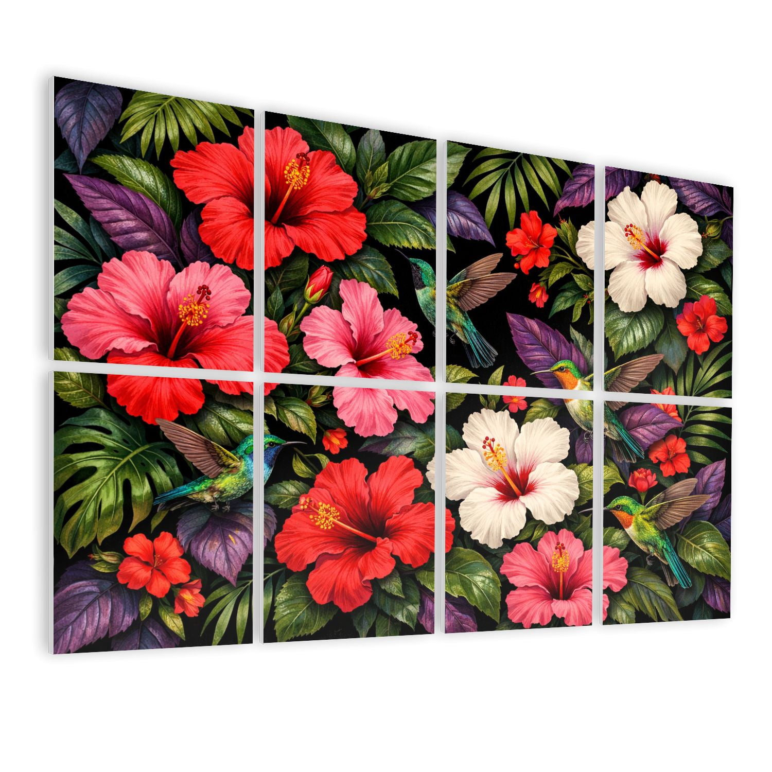 8 Pack Art Acoustic Panels Sound Absorbing Tropical Hibiscus Flowers Hummingbirds Green Leaves Decorative Soundproof Wall Panels Self Adhesive for Nursery Game Room Bedroom 48"x32"