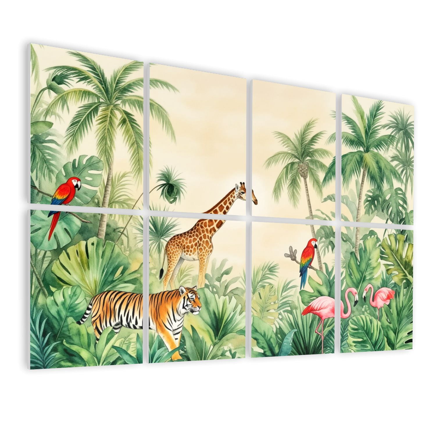 8 Pack Art Acoustic Panels Sound Absorbing Tropical Jungle Giraffes Tigers Parrots Greenery Decorative Soundproof Wall Panels Self Adhesive for Nursery Game Room Bedroom 48"x32"