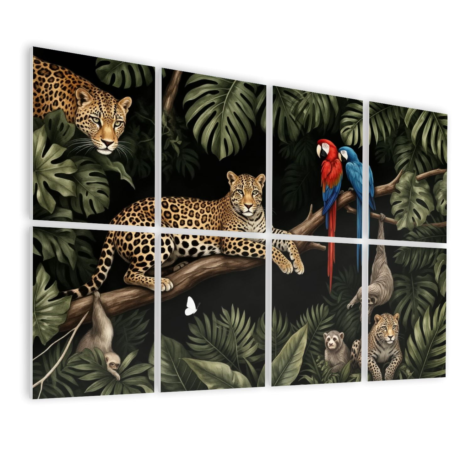 8 Pack Art Acoustic Panels Sound Absorbing Tropical Jungle Leopards Monkeys Parrots Sloths Decorative Soundproof Wall Panels Self Adhesive for Nursery Game Room Bedroom 48"x32"