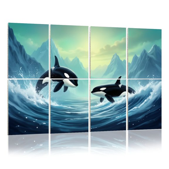 8 Pack Art Acoustic Panels Sound Absorbing Two Orcas Leaping Ocean Waves Snowy Mountains marine Life Decorative Soundproof Wall Panels Self Adhesive for Nursery Game Room Bedroom 48"x32"