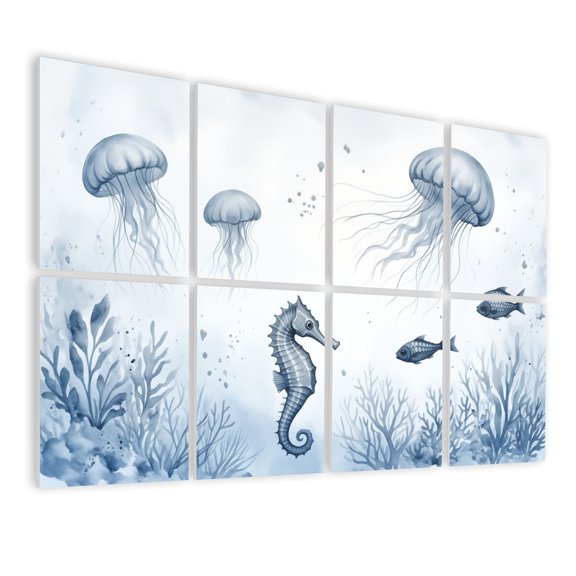 8 Pack Art Acoustic Panels Sound Absorbing Underwater Scene Jellyfish Seahorse Fish Coral Blue Tones Decorative Soundproof Wall Panels Self Adhesive for Nursery Game Room Bedroom 48"x32"