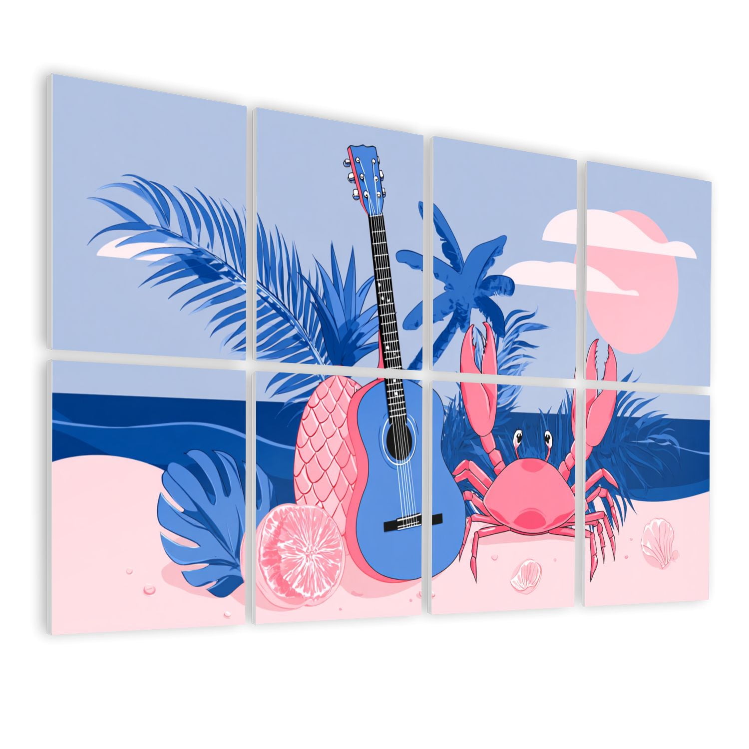 8 Pack Art Acoustic Panels Sound Absorbing Vacation Tropical Country Rustic Decor Figures Guitar Pineapple Crab Decorative Soundproof Wall Panels Self Adhesive for Nursery Game Room Bedroom 48"x32"