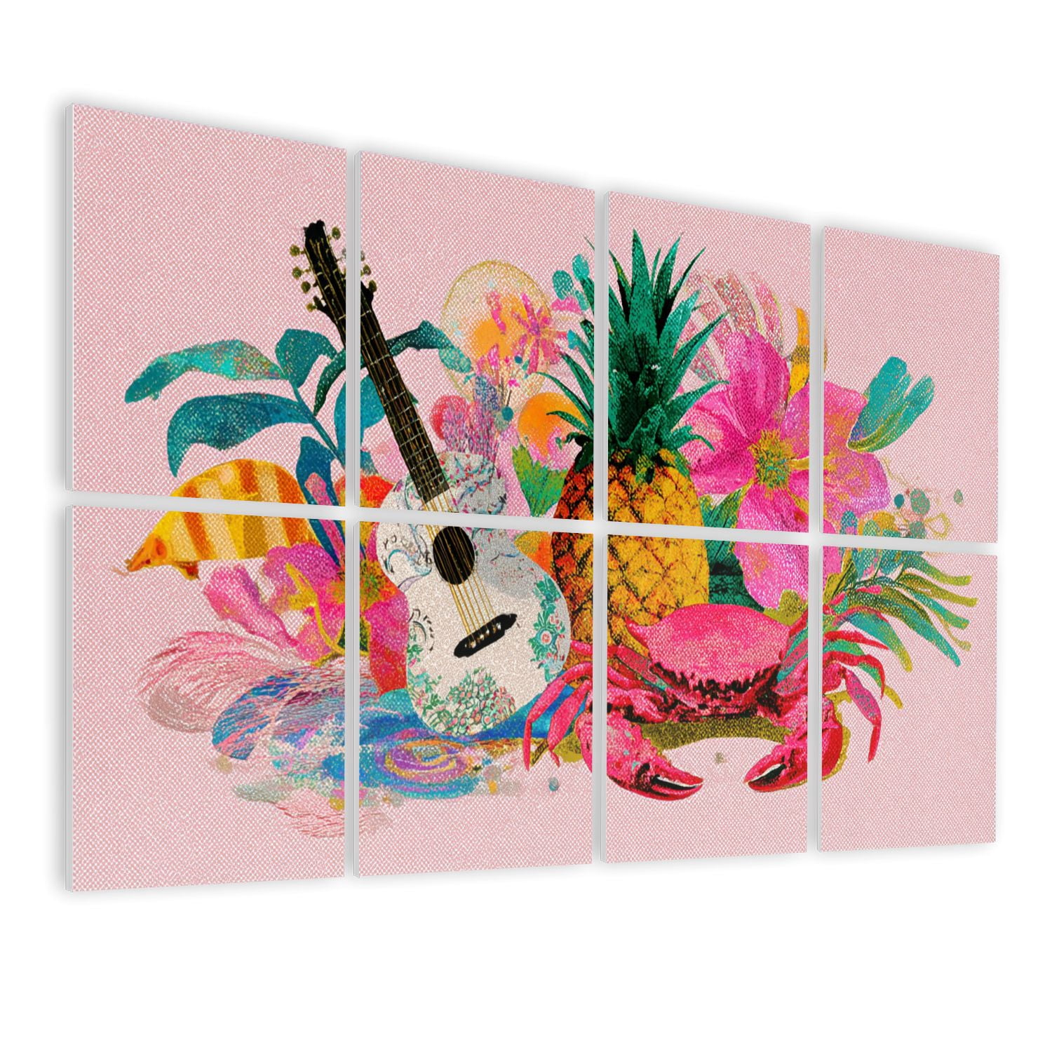 8 Pack Art Acoustic Panels Sound Absorbing Vacation Tropical Country Rustic Decor Figures Guitar Pineapple Crab Decorative Soundproof Wall Panels Self Adhesive for Nursery Game Room Bedroom 48"x32"