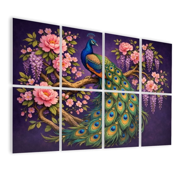 8 Pack Art Acoustic Panels Sound Absorbing Vibrant Peacock Blossoming Branch Pink Flowers Purple Wisteria Decorative Soundproof Wall Panels Self Adhesive for Nursery Game Room Bedroom 48"x32"