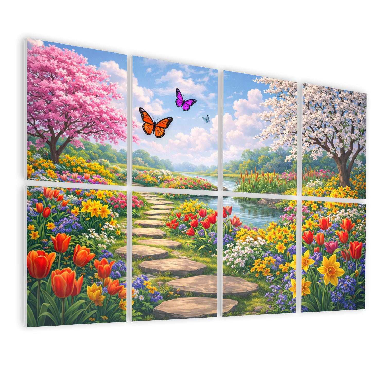 8 Pack Art Acoustic Panels Sound Absorbing Vibrant Spring Colorful Tulips Daffodils Decorative Soundproof Wall Panels Self Adhesive for Nursery Game Room Bedroom 48"x32"