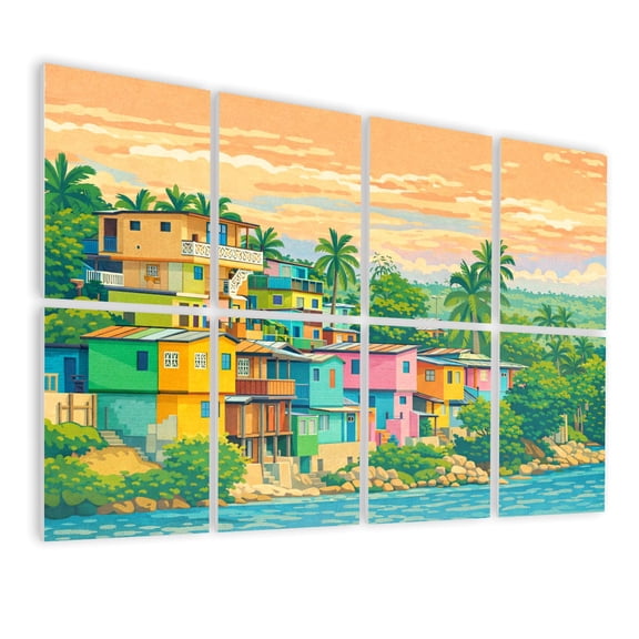 8 Pack Art Acoustic Panels Sound Absorbing Vibrant color houses hillside Jamaica Decorative Soundproof Wall Panels Self Adhesive for Nursery Game Room Bedroom 48"x32"