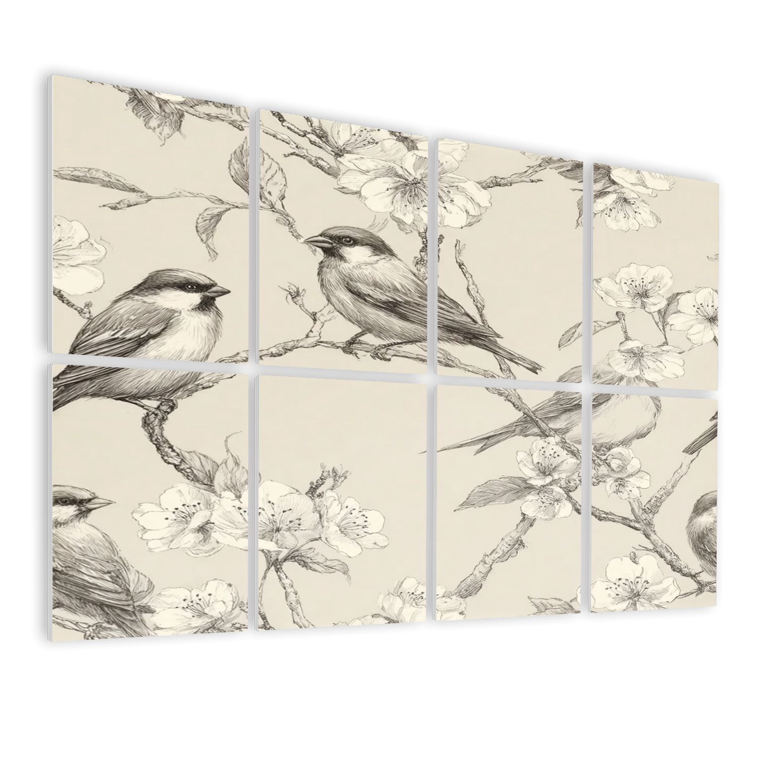 8 Pack Art Acoustic Panels Sound Absorbing Vintage Bird Cherry Blossom Decorative Soundproof Wall Panels Self Adhesive for Nursery Game Room Bedroom 48"x32"