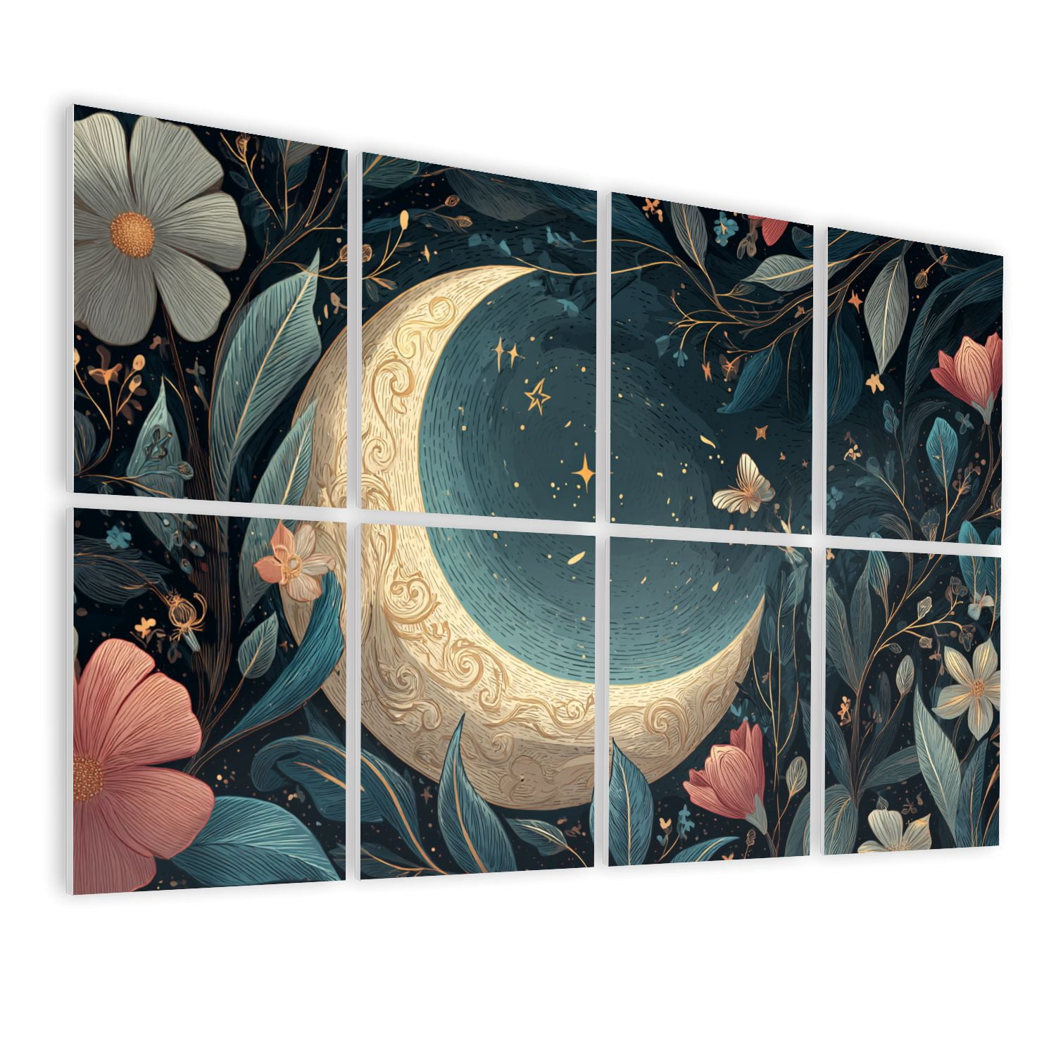 8 Pack Art Acoustic Panels Sound Absorbing Vintage Dark Moon Botanical Night Forest 3D Texture Hand Drawn Decorative Soundproof Wall Panels Self Adhesive for Studio Home Office 48"x32"