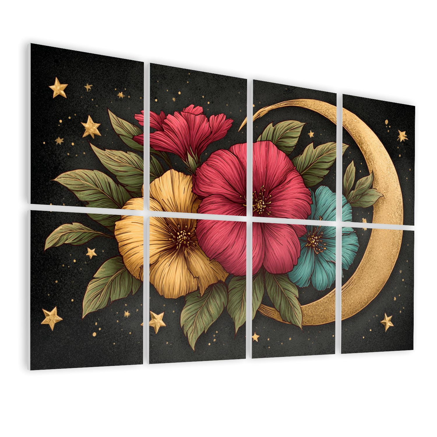 8 Pack Art Acoustic Panels Sound Absorbing Vintage Dark Moon Botanical Night Forest 3D Texture Hand Drawn Decorative Soundproof Wall Panels Self Adhesive for Studio Home Office 48"x32"