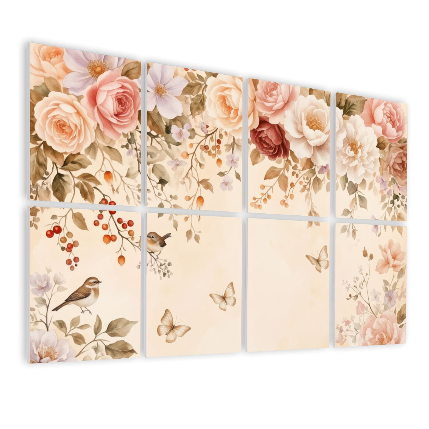 8 Pack Art Acoustic Panels Sound Absorbing Vintage Floral Design Butterflies Birds Soft Pastel Colors Decorative Soundproof Wall Panels Self Adhesive for Nursery Game Room Bedroom 48"x32"