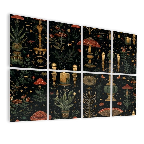 8 Pack Art Acoustic Panels Sound Absorbing Vintage Floral Mystical Candlelight Mushrooms Stars Decorative Soundproof Wall Panels Self Adhesive for Nursery Game Room Bedroom 48"x32"