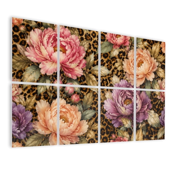 8 Pack Art Acoustic Panels Sound Absorbing Vintage Floral Peony Leopard Print Decorative Soundproof Wall Panels Self Adhesive for Nursery Game Room Bedroom 48"x32"
