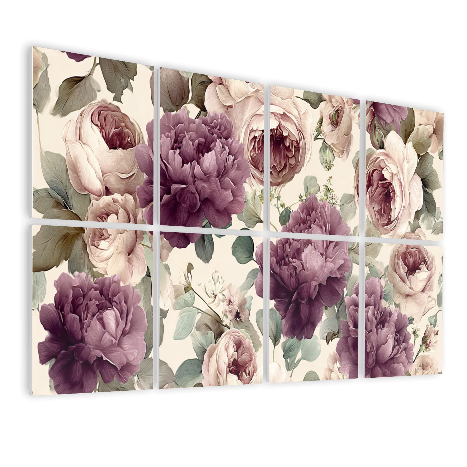 8 Pack Art Acoustic Panels Sound Absorbing Vintage Floral Purple Cream Peonies Decorative Soundproof Wall Panels Self Adhesive for Nursery Game Room Bedroom 48"x32"