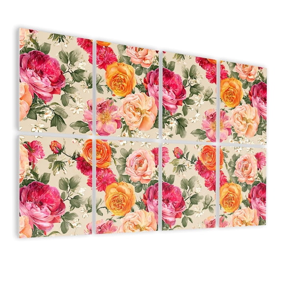 8 Pack Art Acoustic Panels Sound Absorbing Vintage Floral Rose Pink Red Orange Blooms Decorative Soundproof Wall Panels Self Adhesive for Nursery Game Room Bedroom 48"x32"