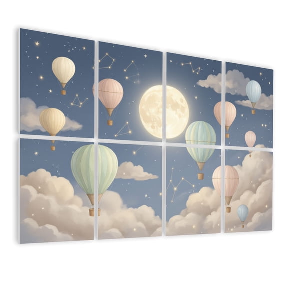 8 Pack Art Acoustic Panels Sound Absorbing Vintage Hot Air Balloons Floating Among Stars Clouds Night Decorative Soundproof Wall Panels Self Adhesive for Nursery Game Room Bedroom 48"x32"