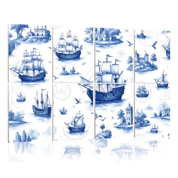 8 Pack Art Acoustic Panels Sound Absorbing Vintage Nautical Sailing Ships Coastal Scenes Blue Decorative Soundproof Wall Panels Self Adhesive for Nursery Game Room Bedroom 48"x32"