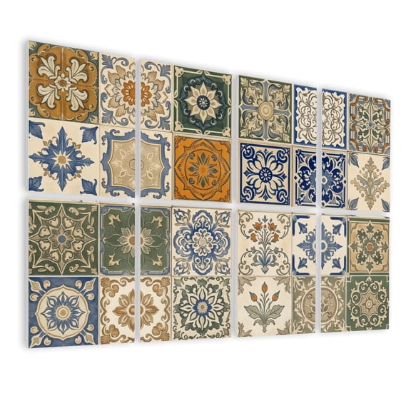 8 Pack Art Acoustic Panels Sound Absorbing Vintage Ornamental Floral Geometric Designs Neutral Blue Tones Decorative Soundproof Wall Panels Self Adhesive for Nursery Game Room Bedroom 48"x32"