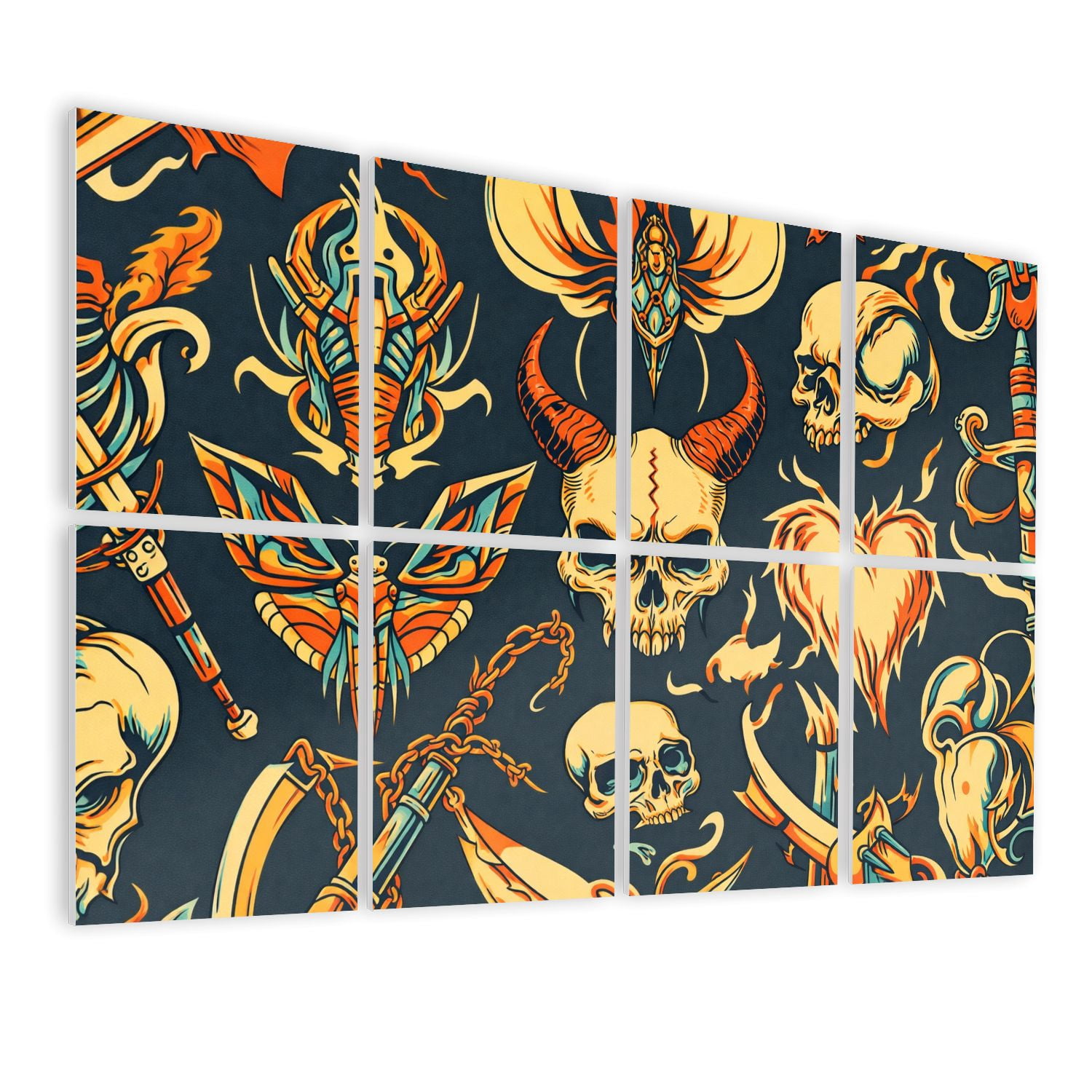 8 Pack Art Acoustic Panels Sound Absorbing Vintage tattoos head butterfly anchor bone knives Decorative Soundproof Wall Panels Self Adhesive for Nursery Game Room Bedroom 48"x32"