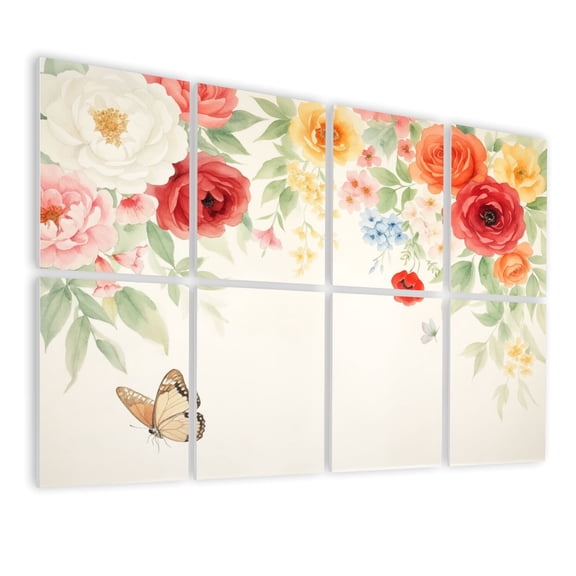 8 Pack Art Acoustic Panels Sound Absorbing Watercolor Floral Arrangement Pink Red Yellow Blooms Decorative Soundproof Wall Panels Self Adhesive for Nursery Game Room Bedroom 48"x32"