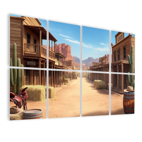 8 Pack Art Acoustic Panels Sound Absorbing Western Country Old West Town Wooden Buildings Cacti Hay Bales Wagon Decorative Soundproof Wall Panels Self Adhesive for Bedroom Living Room 48"x32"