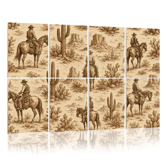 8 Pack Art Acoustic Panels Sound Absorbing Western Striped Cowboys Horses Rustic Mid Century Cowboy Horse Decorative Soundproof Wall Panels Self Adhesive for Nursery Game Room Bedroom 48"x32"