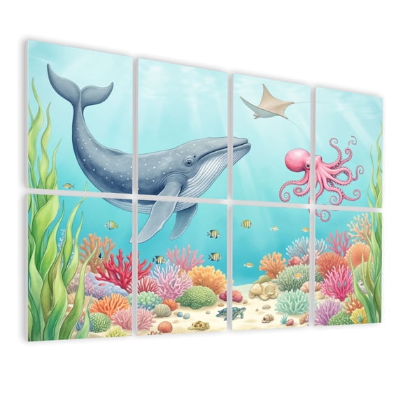 8 Pack Art Acoustic Panels Sound Absorbing Whale Octopus Underwater Scene Coral Reef Marine Life Decorative Soundproof Wall Panels Self Adhesive for Nursery Game Room Bedroom 48"x32"
