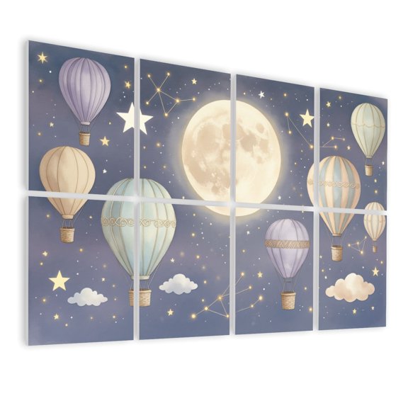 8 Pack Art Acoustic Panels Sound Absorbing Whimsical Hot Air Balloons Floating Starry Night Sky Full Moon Clouds Decorative Soundproof Wall Panels Self Adhesive for Nursery Game Room Bedroom 48"x32"