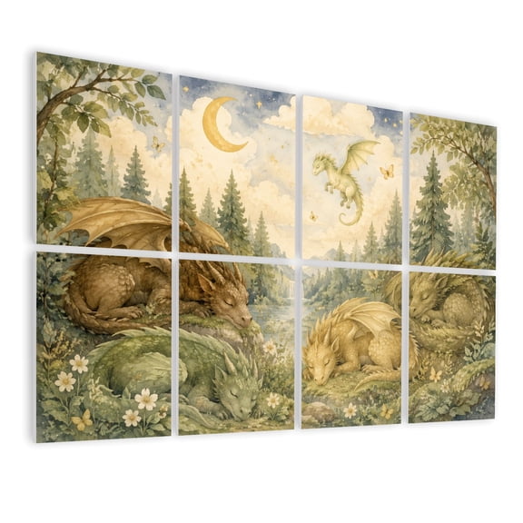 8 Pack Art Acoustic Panels Sound Absorbing Whimsical Woodland Scene Cute Dragons Trees Stars Decorative Soundproof Wall Panels Self Adhesive for Nursery Game Room Bedroom 48"x32"