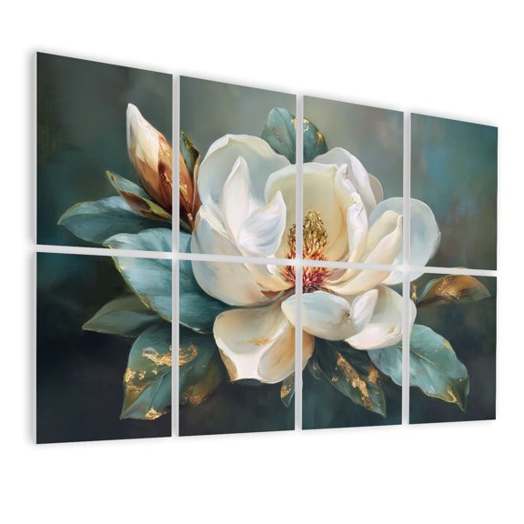 8 Pack Art Acoustic Panels Sound Absorbing White Magnolia Floral Golden Leaves Petal Blue Cream Gold Accents Decorative Soundproof Wall Panels Self Adhesive for Nursery Game Room Bedroom 48"x32"
