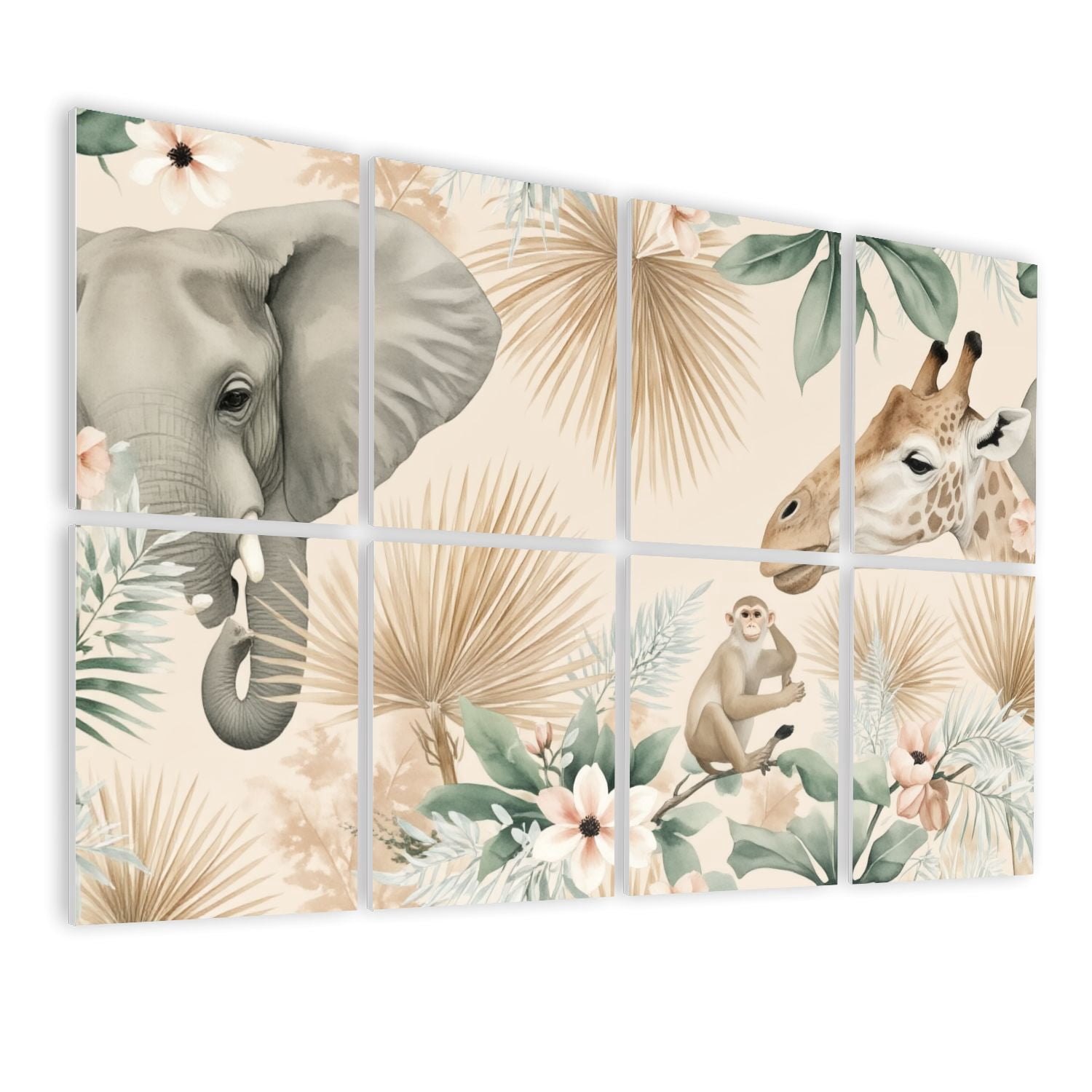 8 Pack Art Acoustic Panels Sound Absorbing Wild African Animals Tropical Leaves Watercolor Decorative Soundproof Wall Panels Self Adhesive for Nursery Game Room Bedroom 48"x32"