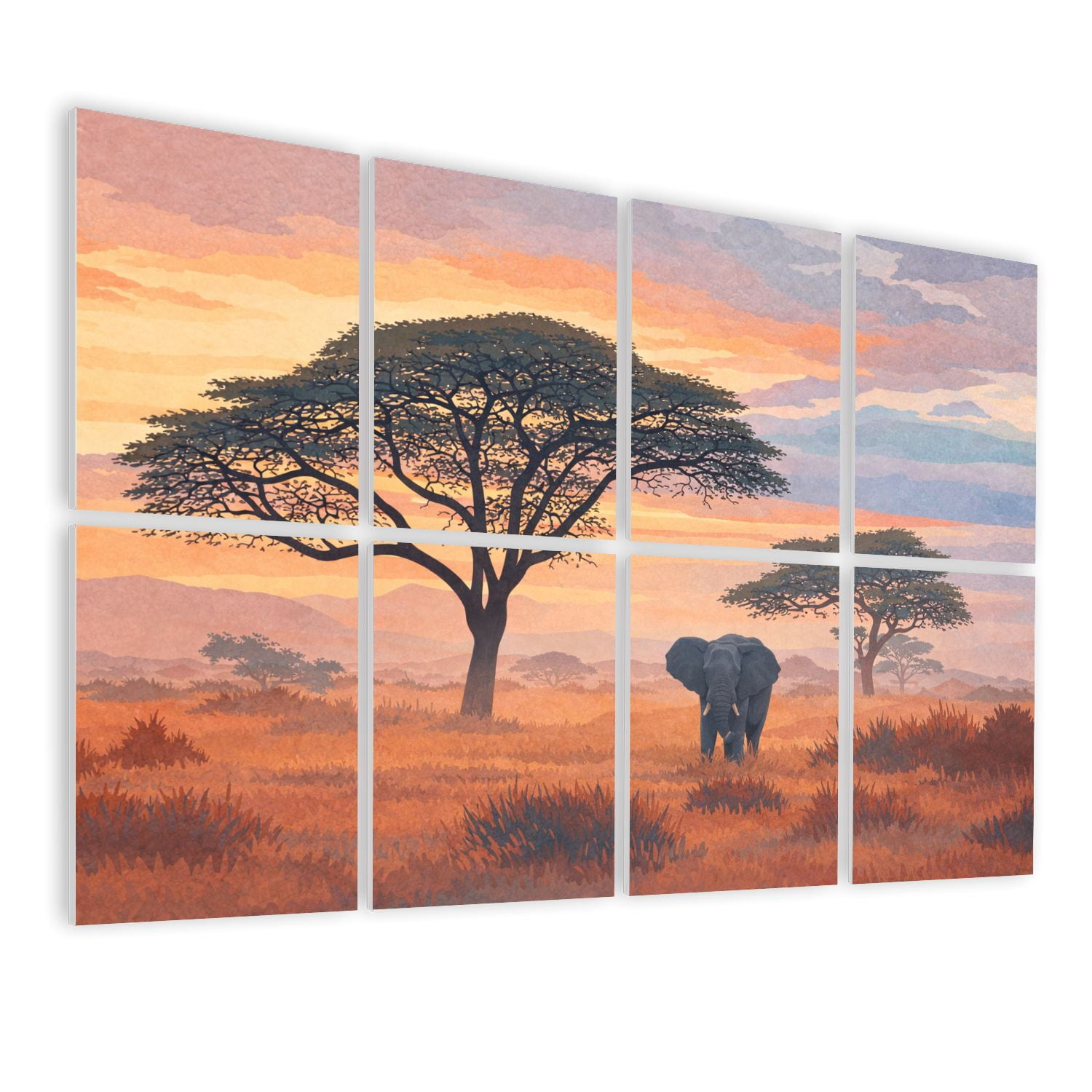 8 Pack Art Acoustic Panels Sound Absorbing Wild African elephant savannah National Park Wildlife Decorative Soundproof Wall Panels Self Adhesive for Nursery Game Room Bedroom 48"x32"