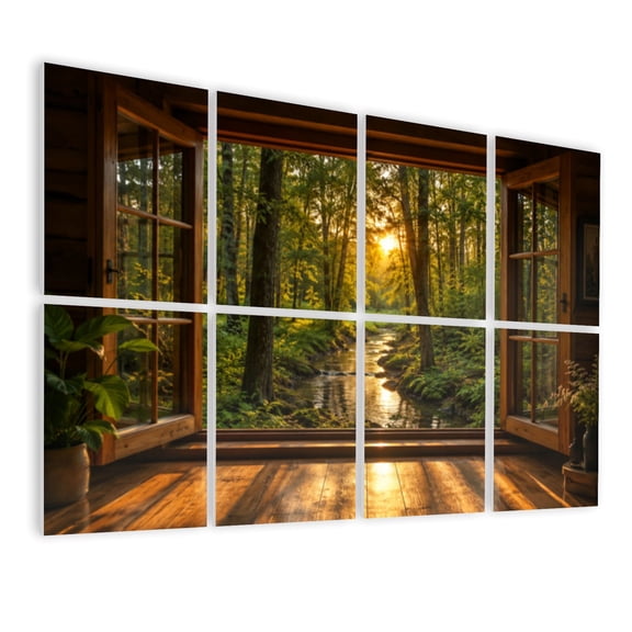 8 Pack Art Acoustic Panels Sound Absorbing Window Forest Landscape Nature Tree Wooden Window Frame Decorative Soundproof Wall Panels Self Adhesive for Nursery Game Room Bedroom 48"x32"