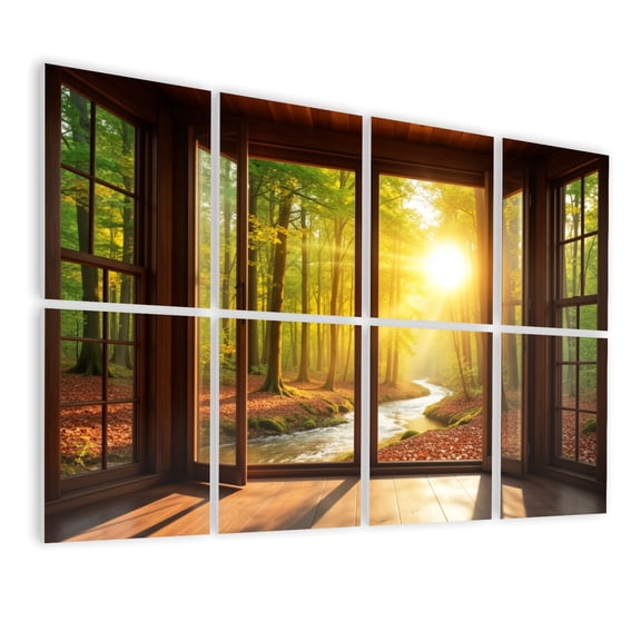 8 Pack Art Acoustic Panels Sound Absorbing Window Forest Landscape Nature Tree Wooden Window Frame Sunlight Decorative Soundproof Wall Panels Self Adhesive for Nursery Game Room 48"x32"