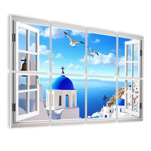 8 Pack Art Acoustic Panels Sound Absorbing Window View Greece Santorini Landscape Open Window White Buildings Decorative Soundproof Wall Panels Self Adhesive for Bedroom Living Room 48"x32"