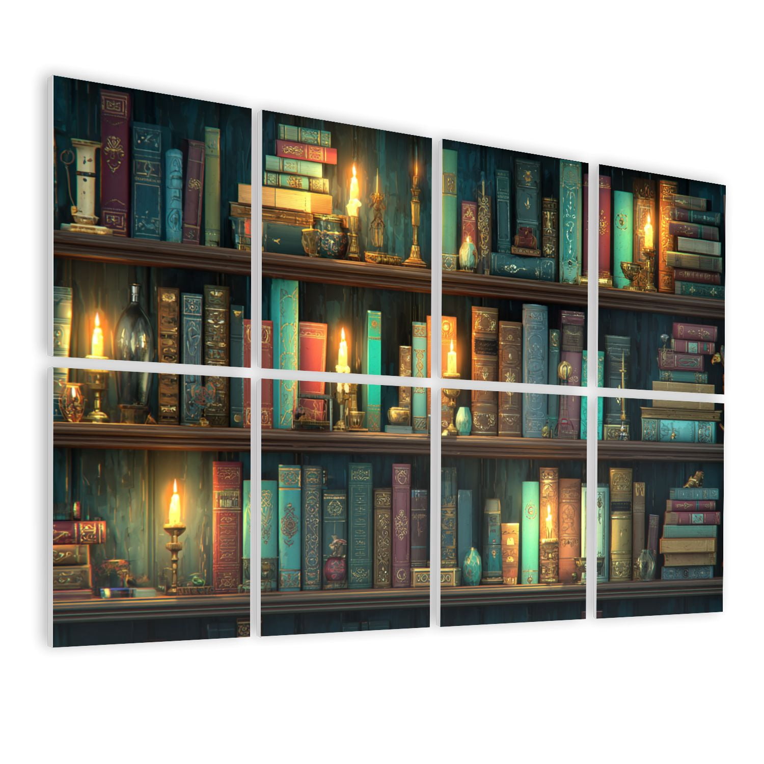 8 Pack Art Acoustic Panels Sound Absorbing Wooden Library Wall Warm Candlelight Vintage Charm Decorative Soundproof Wall Panels Self Adhesive for Nursery Game Room Bedroom 48"x32"
