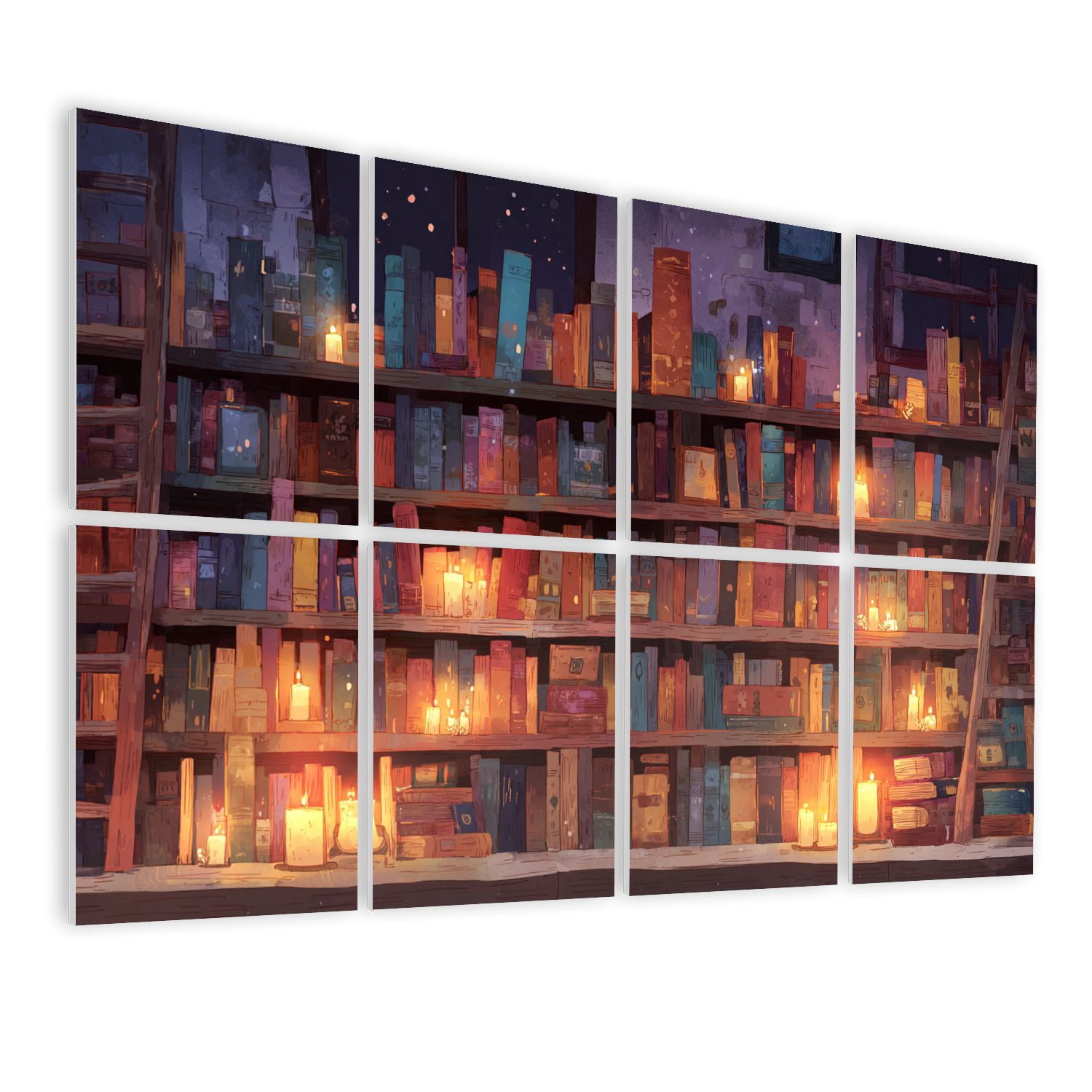 8 Pack Art Acoustic Panels Sound Absorbing Wooden Shelves Books Glowing Candles Tranquil Library Decorative Soundproof Wall Panels Self Adhesive for Nursery Game Room Bedroom 48"x32"