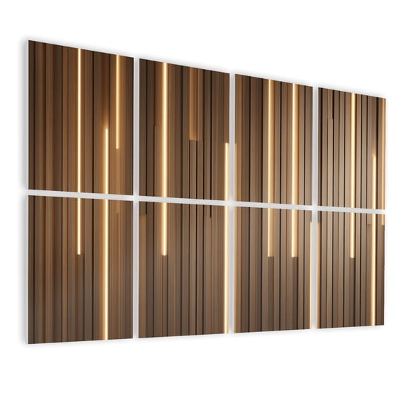 8 Pack Art Acoustic Panels Sound Absorbing Wooden Vertical Slats Warm Lighting Contemporary Wall Decorative Soundproof Wall Panels Self Adhesive for Barber Shop Beauty Nail Salon 48"x32"