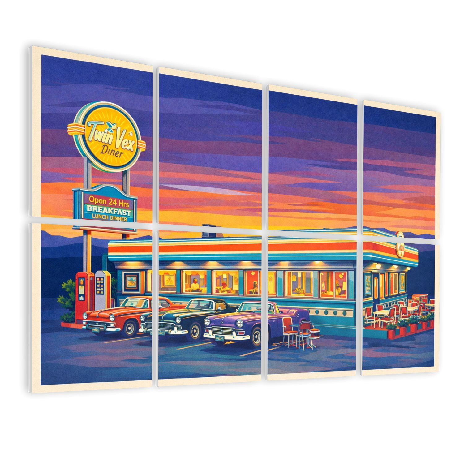 8 Pack Art Acoustic Panels Sound Absorbing american diner small town sunset Decorative Soundproof Wall Panels Self Adhesive for Nursery Game Room Bedroom 48"x32"