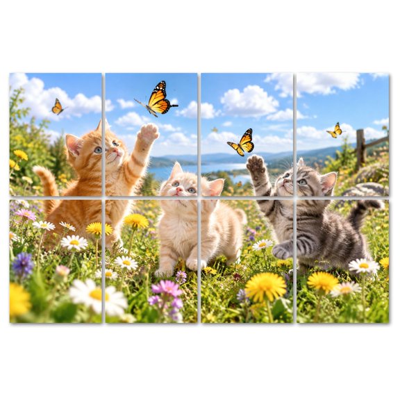 8 Pack Art Acoustic Panels Sound Absorbing cats Reaching Butterflies Playful Kittens Flower Meadow Decorative Soundproof Wall Panels Self Adhesive for Recording Studios Office 48"x32"