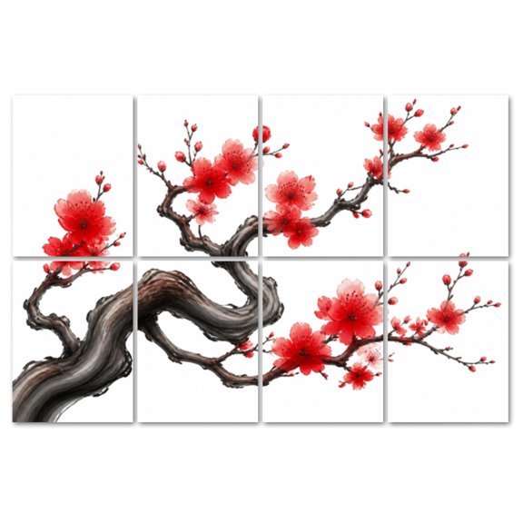 8 Pack Art Acoustic Panels Sound Absorbing cherry tree blossom Japanese red floral flower Realistic white branch Decorative Soundproof Wall Panels Self Adhesive for Recording Studios Office 48"x32"