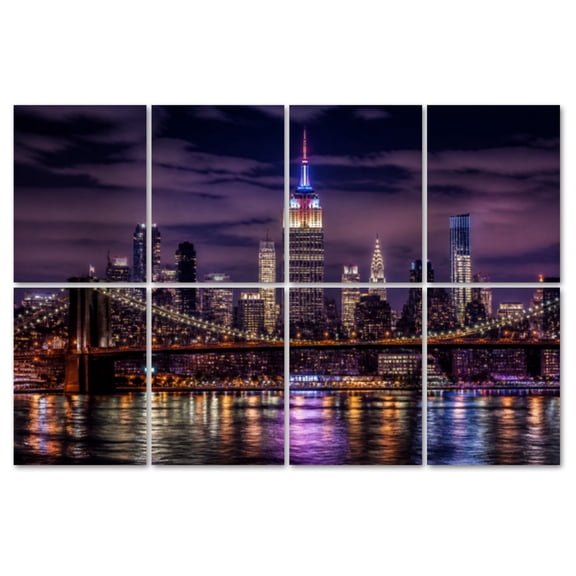 8 Pack Art Acoustic Panels Sound Absorbing coastal bay building New York skyline Brooklyn Bridge by night Decorative Soundproof Wall Panels Self Adhesive for Recording Studios Office 48"x32"